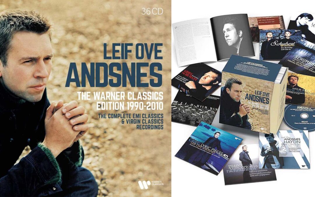 The cover art and collage of CDs for Leif Ove Andsnes: The Warner Classics Edition (1990 - 2010) 36-CD box set.