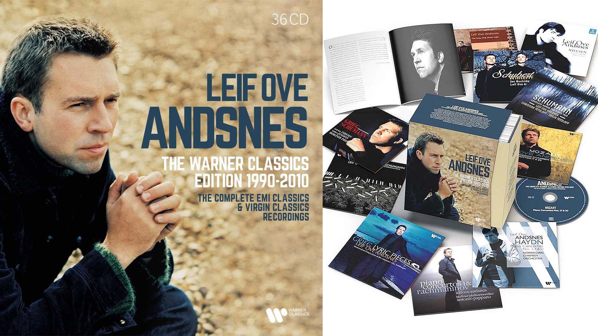 The cover art and collage of CDs for Leif Ove Andsnes: The Warner Classics Edition (1990 - 2010) 36-CD box set.